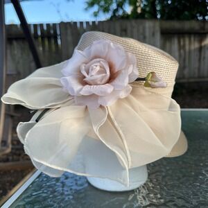 Vintage Champagne Straw Derby Hat Rose Floral Chiffon Ruffle Wedding Church Hat
